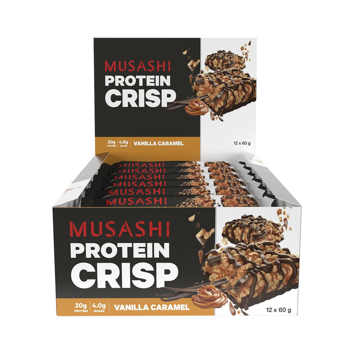 Musashi Protein Crisp Bar Vanilla Caramel Pack of 12 (12 x 60g Protein Crisp Bars)