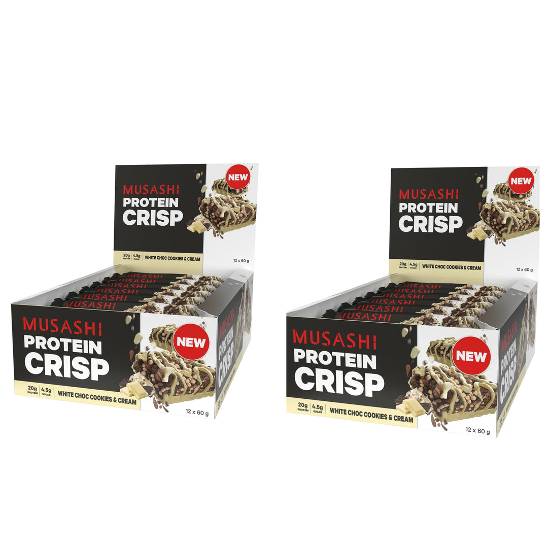 Musashi Protein Crisp White Choc Cookies &amp; Cream Pack of 12 (12 x 60g Protein Crisp Bars)