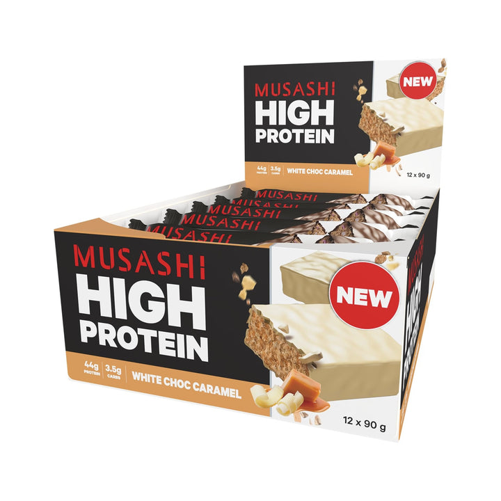 Musashi High Protein White Choc Caramel Pack of 12 (12 x 90g Protein Bars)