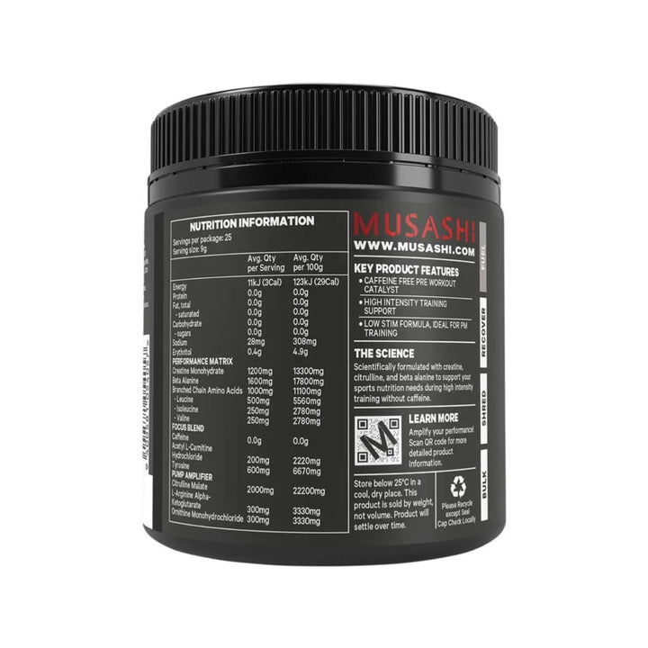 Musashi Pre Workout Zero Caffeine Red Raspberry 225g