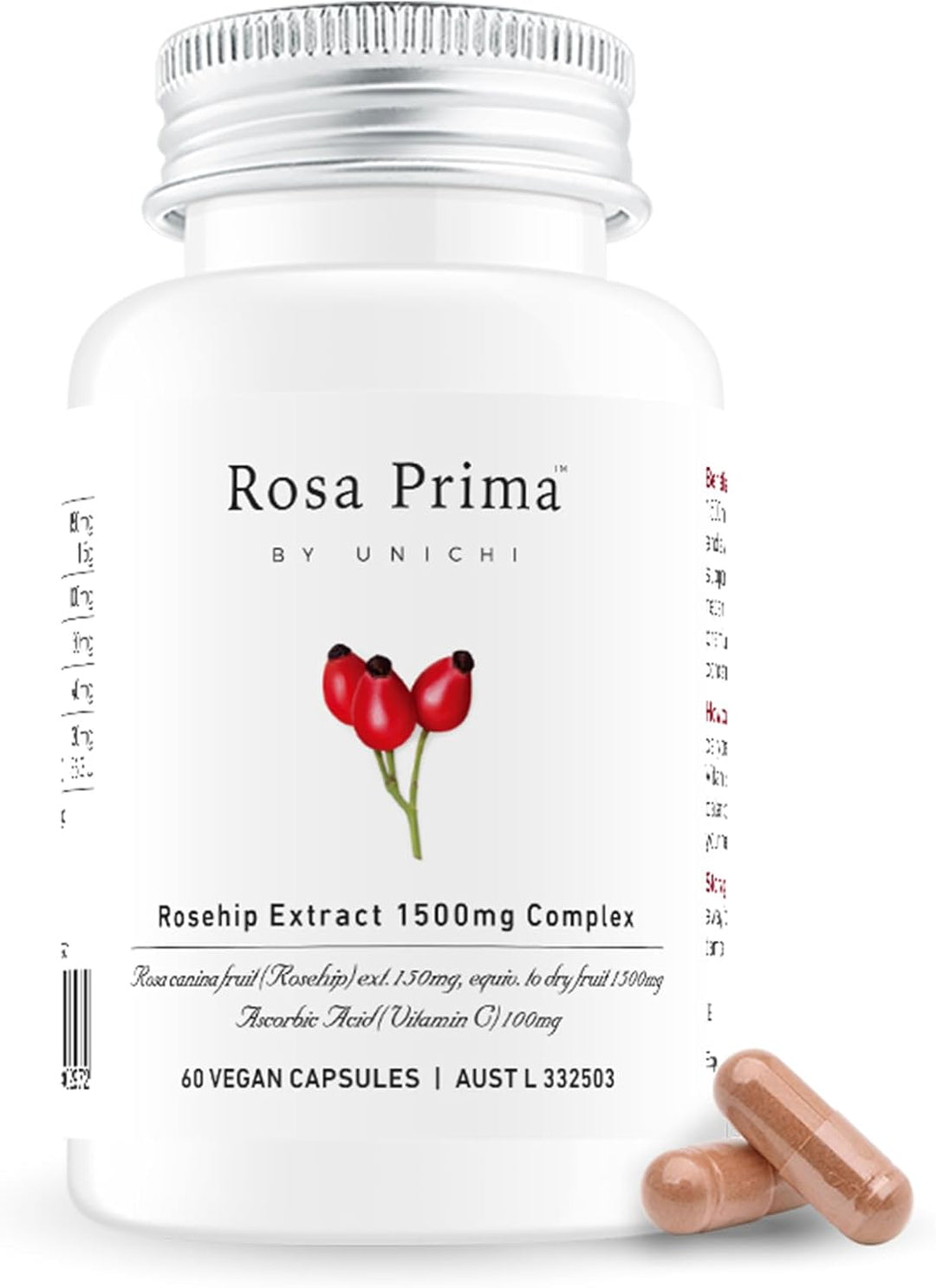 Unichi Rosa Prima Rosehip Extract 1,500mg Complex, Collagen Formation and Skin Repair Supplement with Vitamin C&amp;E for Glowing, Nourishing and Firming, 60 Vegan Capsules