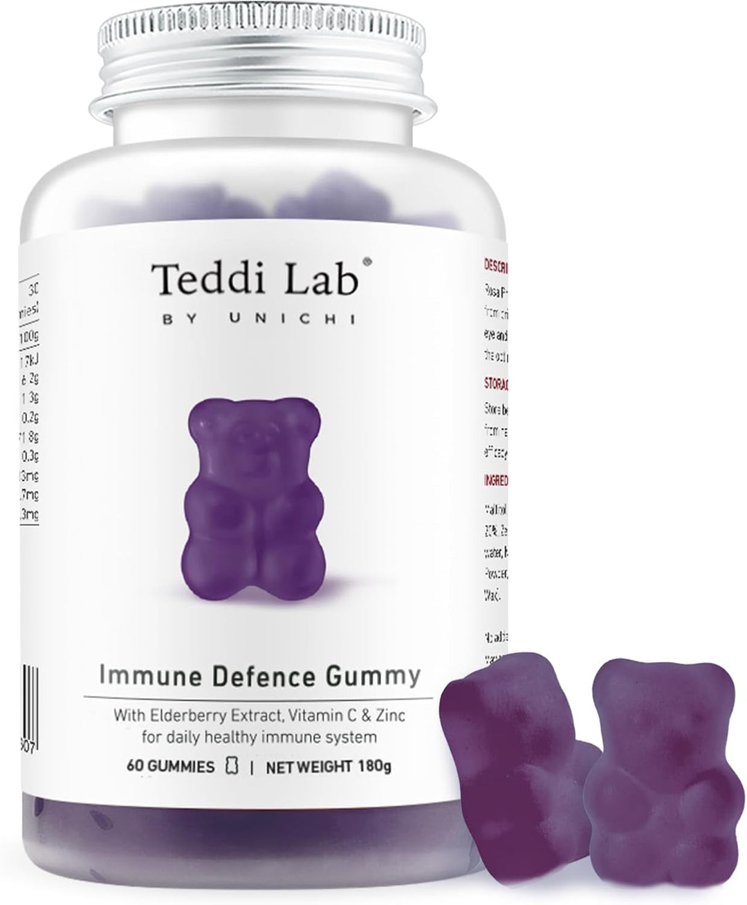Unichi Elderberry Immune Defence Gummy, With Vitamin C, Zinc to Promote Immune System Health, Defend Cold &amp; Flu Symptoms, Berry Flavour, 60 Count