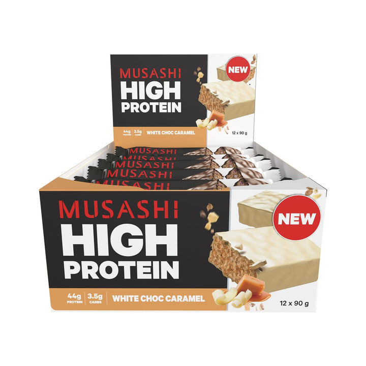 Musashi High Protein White Choc Caramel Pack of 12 (12 x 90g Protein Bars)