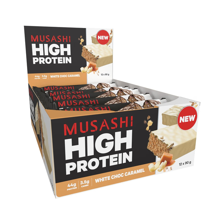 Musashi High Protein White Choc Caramel Pack of 12 (12 x 90g Protein Bars)