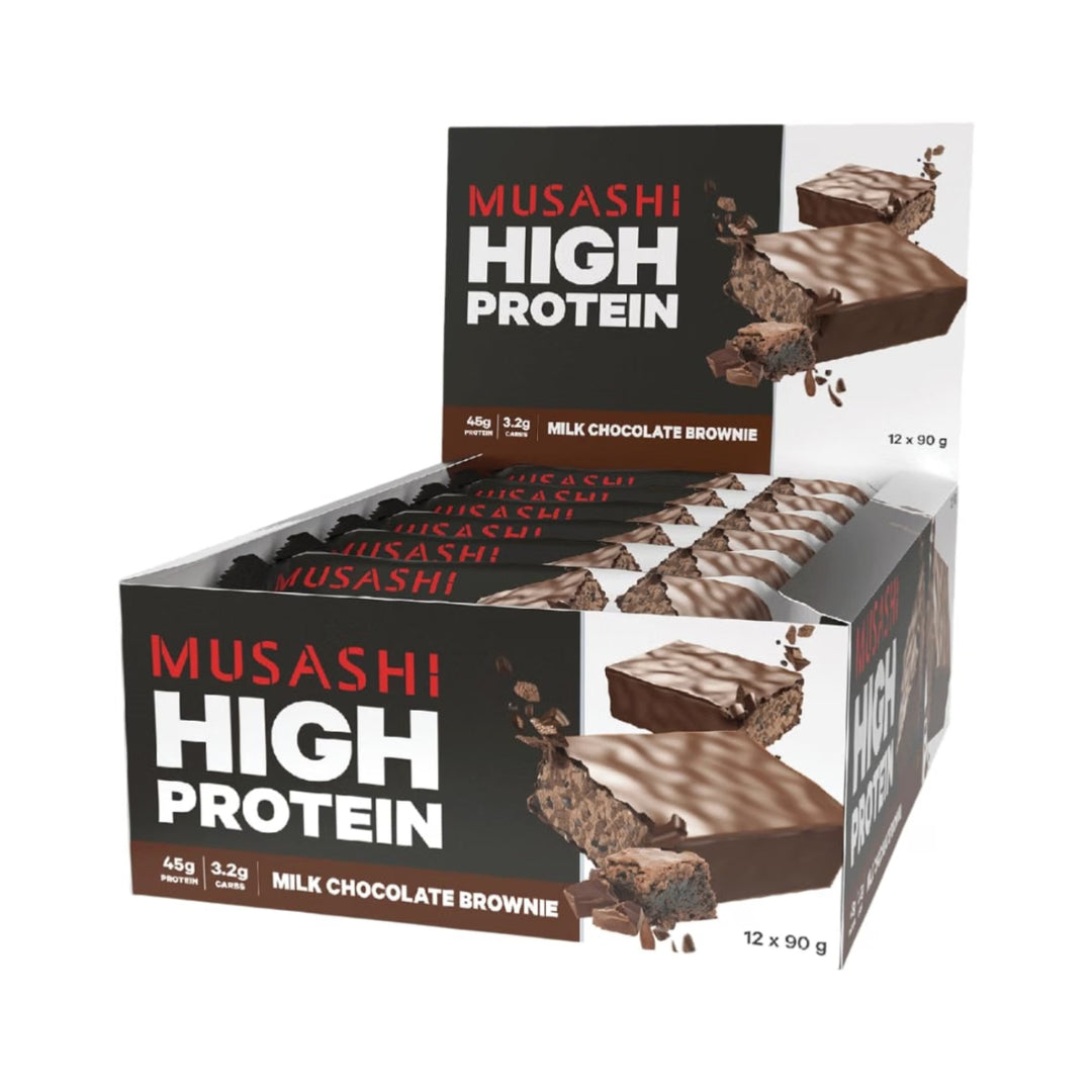 Musashi High Protein Bar Milk Chocolate Brownie Pack of 12 (12 x 90g Protein Bars)