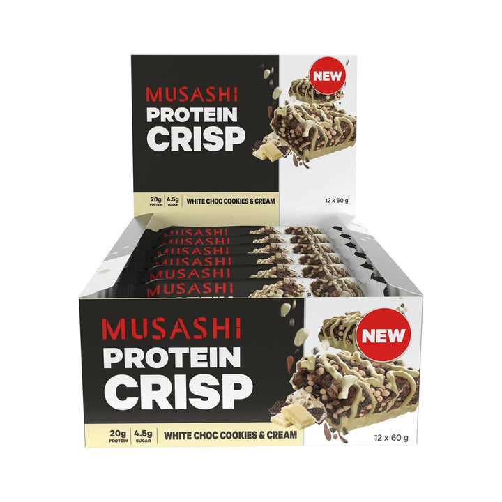 Musashi Protein Crisp White Choc Cookies &amp; Cream Pack of 12 (12 x 60g Protein Crisp Bars)