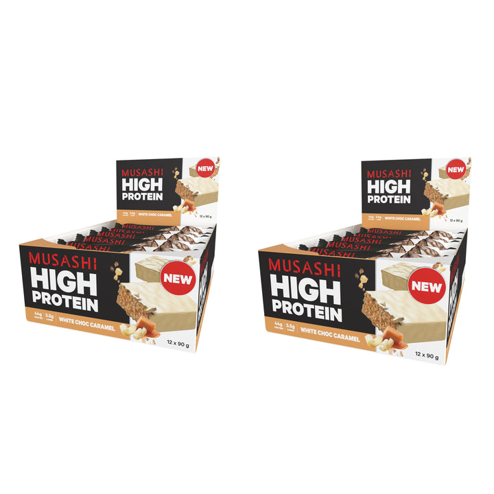Musashi High Protein White Choc Caramel Pack of 12 (12 x 90g Protein Bars)