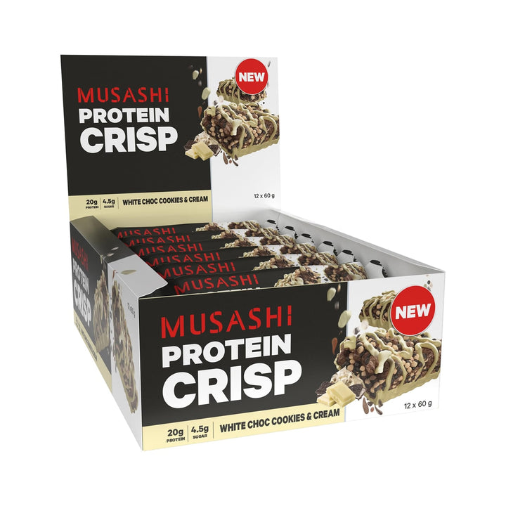 Musashi Protein Crisp White Choc Cookies &amp; Cream Pack of 12 (12 x 60g Protein Crisp Bars)