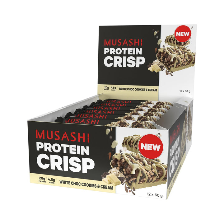 Musashi Protein Crisp White Choc Cookies &amp; Cream Pack of 12 (12 x 60g Protein Crisp Bars)