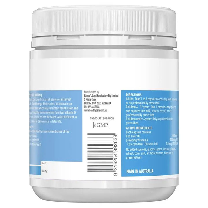 Healthy Care Cod Liver Oil 1000mg 200 Capsules