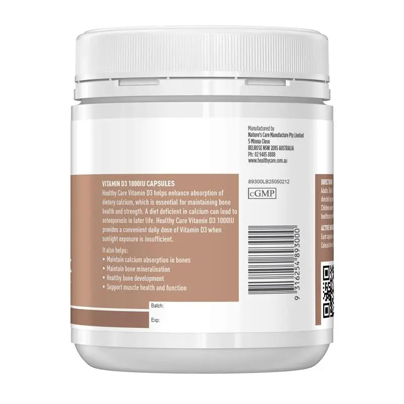 Healthy Care Vitamin D3 1000IU 500 Capsules