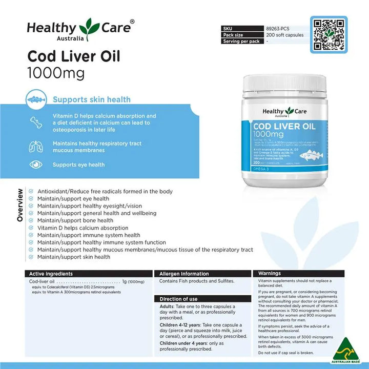Healthy Care Cod Liver Oil 1000mg 200 Capsules