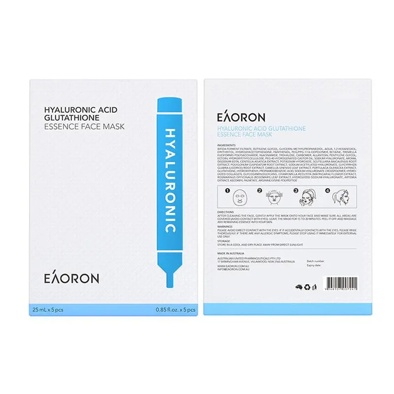 Eaoron Hyaluronic Acid Glutathione Essence Face Mask（5 Masks × 25 mL Each）
