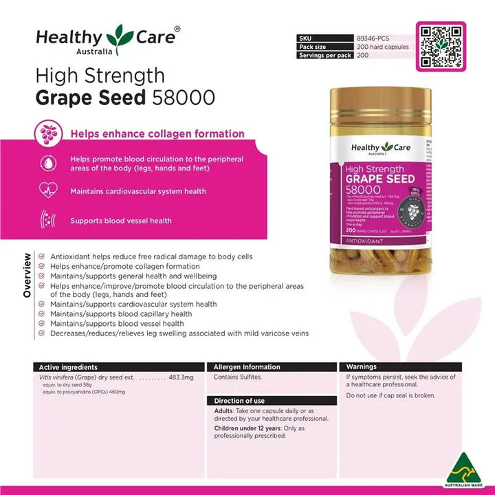 Healthy Care High Strength Grape Seed 58000 200 Capsules