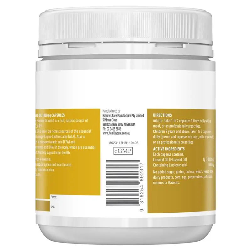 Healthy Care Flaxseed Oil 1000mg 200 Capsules