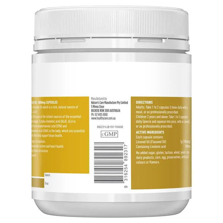 Healthy Care Flaxseed Oil 1000mg 200 Capsules